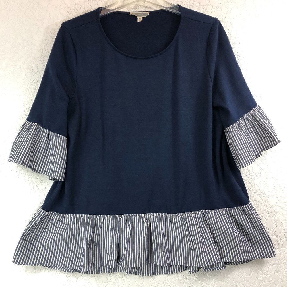 Pleione Blue And White Hi-Low Blouse With 3/4 Bell Sleeves